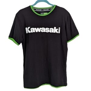 KAWASAKI black t-shirt logo printed greem collar size Medium Large M2